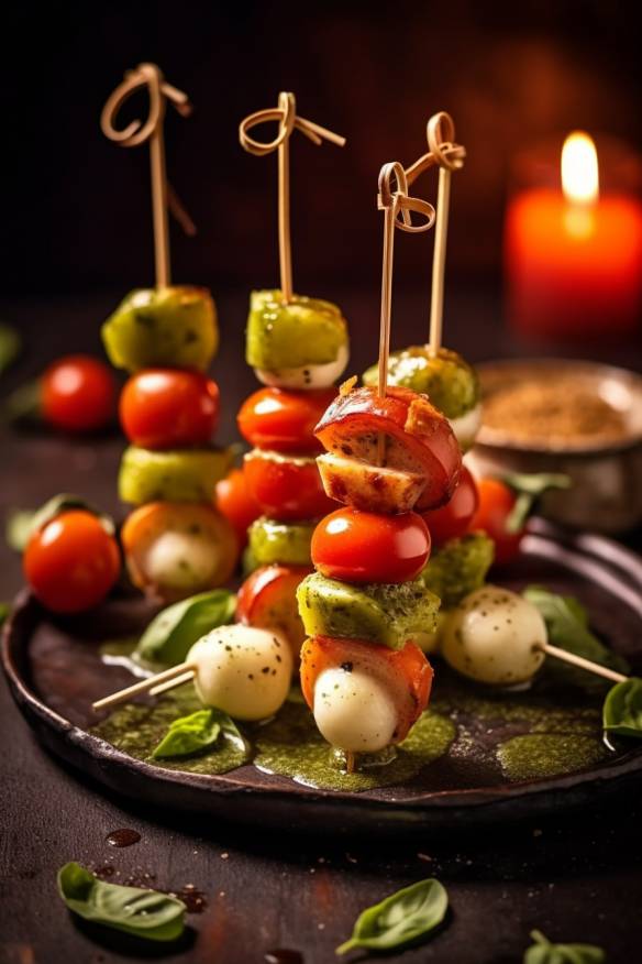 Tomate-Mozzarella-Spieße mit Basilikum-Pesto