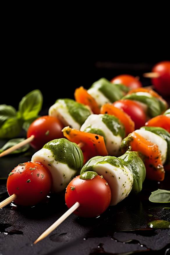 Tomate-Mozzarella-Spieße mit Basilikum-Pesto