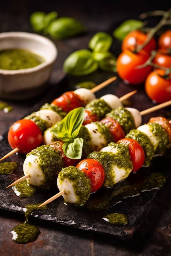 Tomate-Mozzarella-Spieße mit Basilikum-Pesto