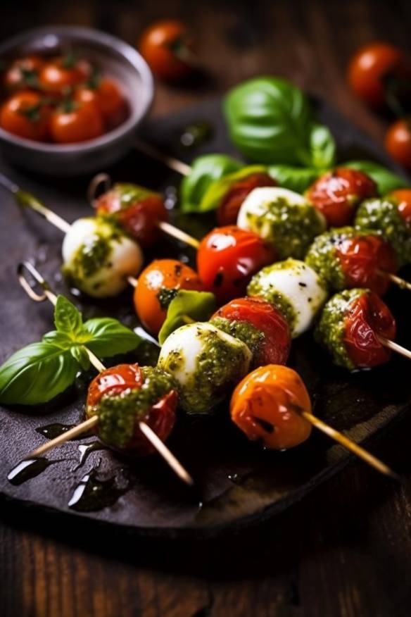 Tomate-Mozzarella-Spieße mit Basilikum-Pesto