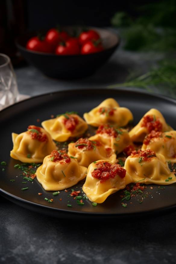 Tortellini-Häppchen auf einem Teller angerichtet.