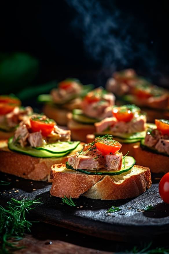 Thunfisch Häppchen mit Baguette, Tomaten und Zucchini