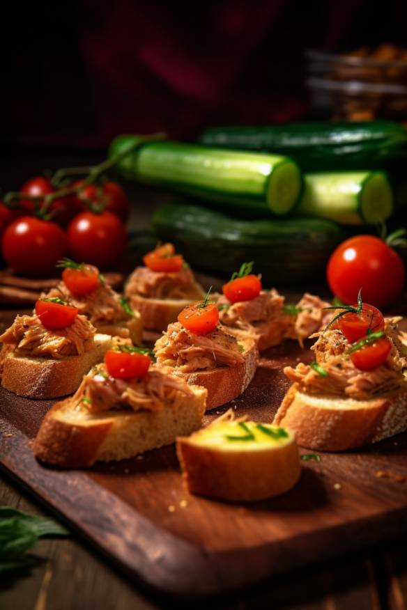 Thunfisch Häppchen mit Baguette, Tomaten und Zucchini