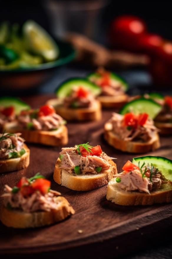 Thunfisch Häppchen mit Baguette, Tomaten und Zucchini