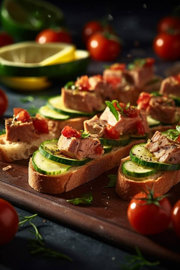 Thunfisch Häppchen mit Baguette, Tomaten und Zucchini