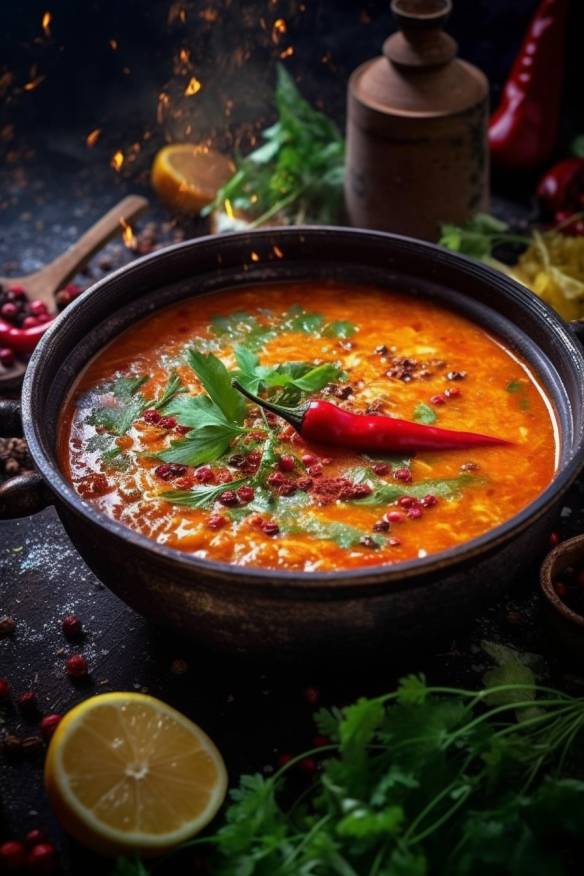 Türkische Linsensuppe mit Gemüse und Gewürzen