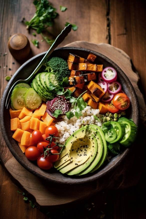 Vegane Buddha Bowl mit Reis und Gemüse