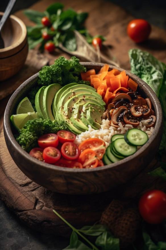 Vegane Buddha Bowl mit Reis und Gemüse