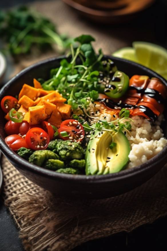 Vegane Buddha Bowl mit Reis und Gemüse