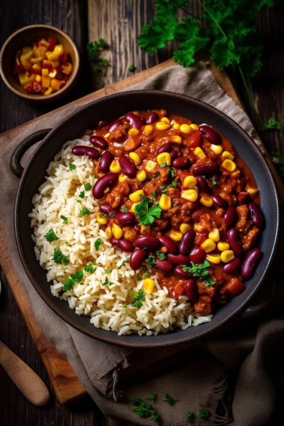 Veganes Chili sin Carne mit Kidneybohnen, Mais und Reis