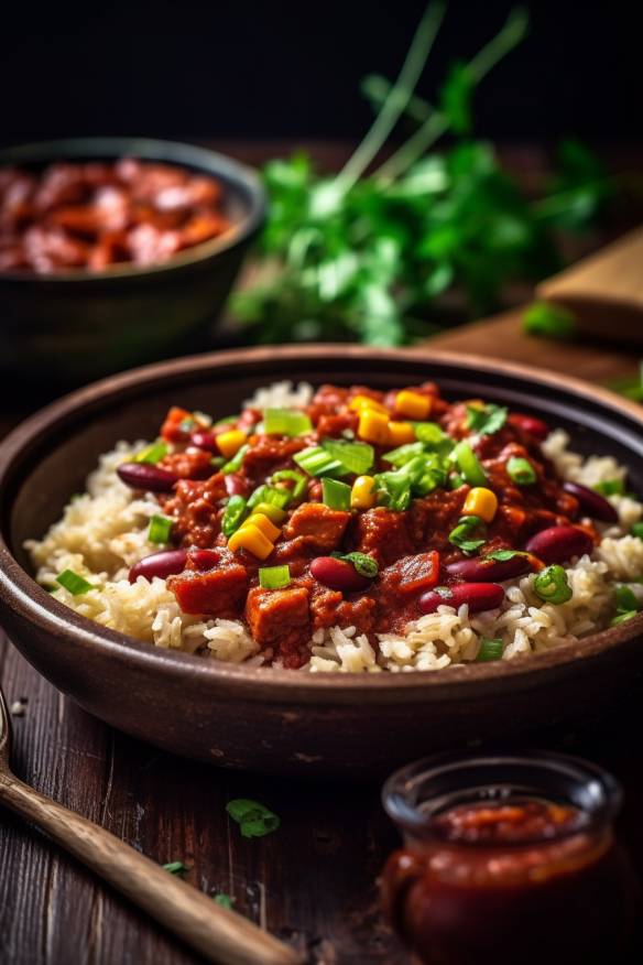 Veganes Chili sin Carne mit Kidneybohnen, Mais und Reis