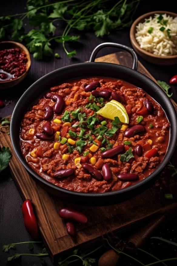 Veganes Chili sin Carne mit Kidneybohnen, Mais und Reis