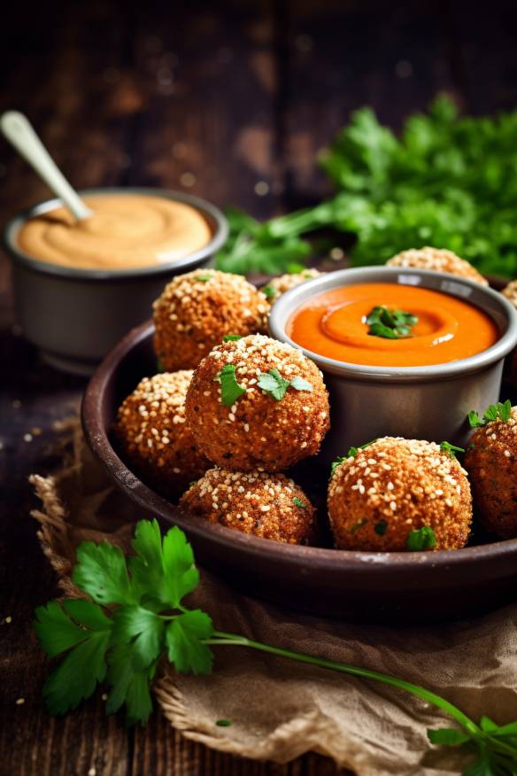 Vegane Quinoa-Bällchen mit Paprika-Dip