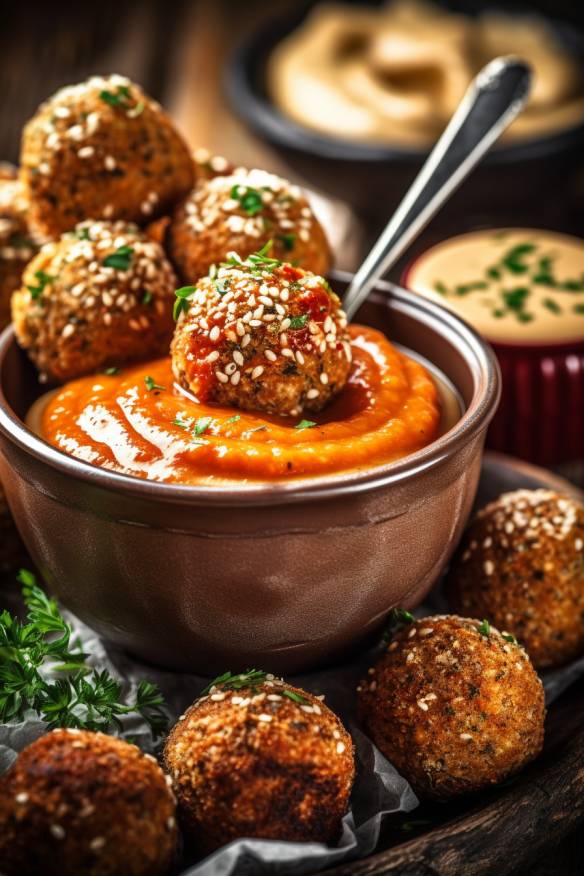 Vegane Quinoa-Bällchen mit Paprika-Dip