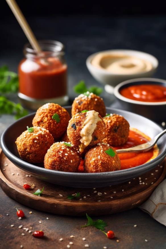 Vegane Quinoa-Bällchen mit Paprika-Dip