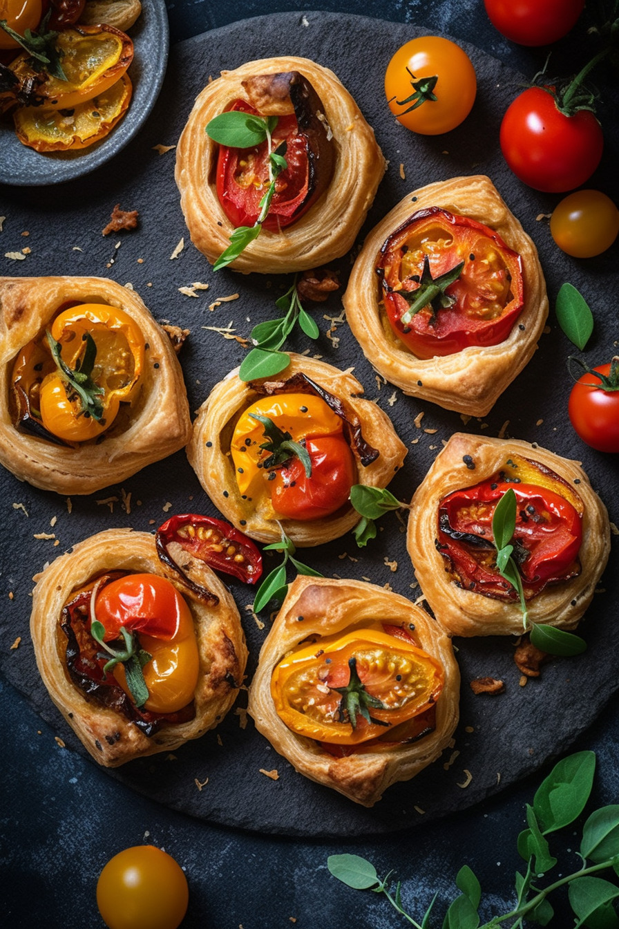 Vegane Partyhäppchen mit Blätterteig, Paprika und Tomaten.