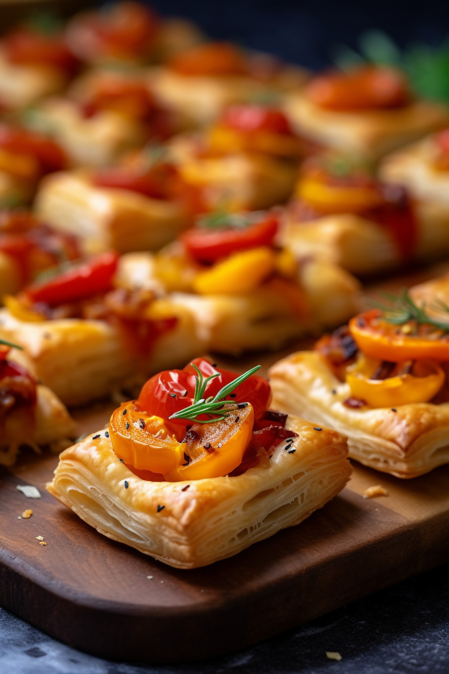 Vegane Partyhäppchen mit Blätterteig, Paprika und Tomaten.