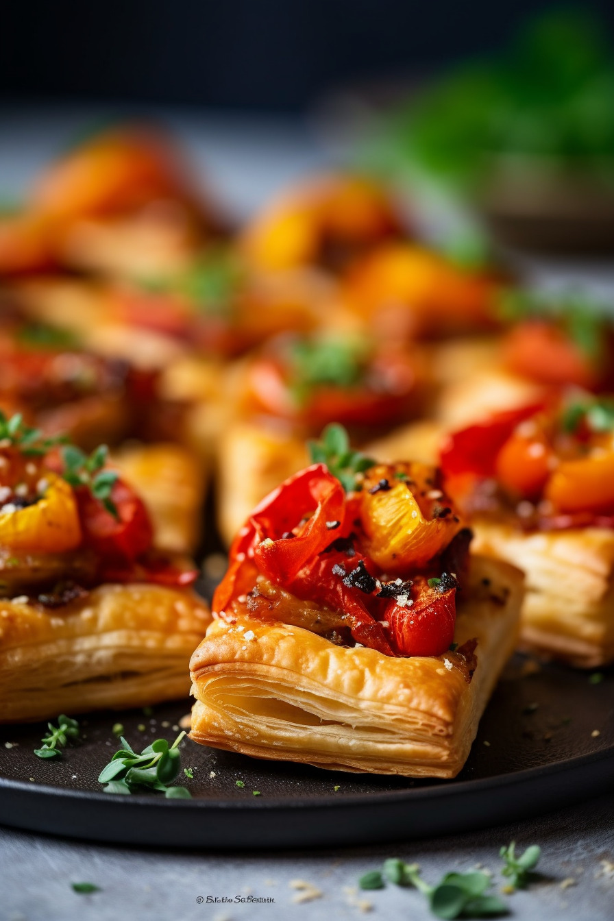 Vegane Partyhäppchen mit Blätterteig, Paprika und Tomaten.