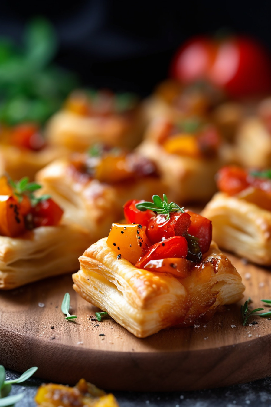 Vegane Partyhäppchen mit Blätterteig, Paprika und Tomaten.