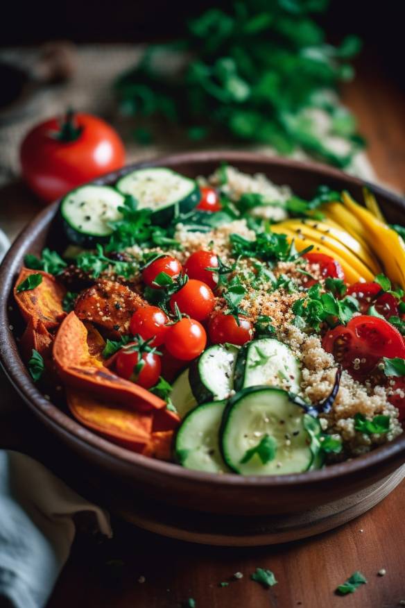 Veganer Party-Salat mit Quinoa und geröstetem Gemüse