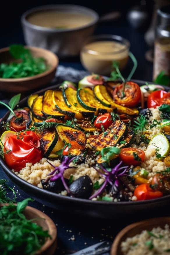 Veganer Party-Salat mit Quinoa und geröstetem Gemüse