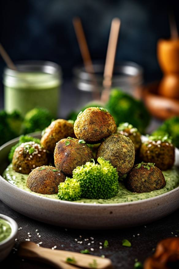 Vegane Quinoa-Bällchen auf einem Teller mit Dip