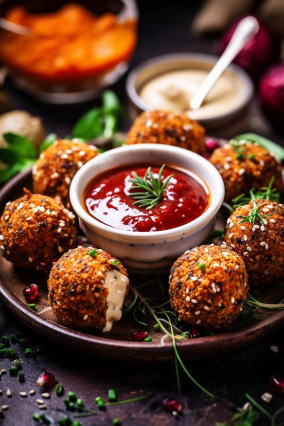 Vegane Quinoa-Bällchen auf einem Teller mit Dip