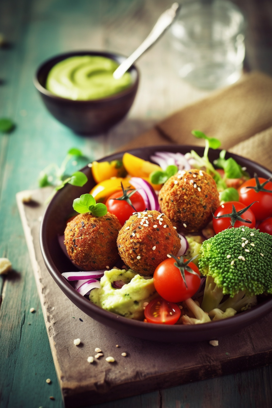 Vegane Quinoa-Bällchen mit Avocado-Dip und frischem Gemüse.