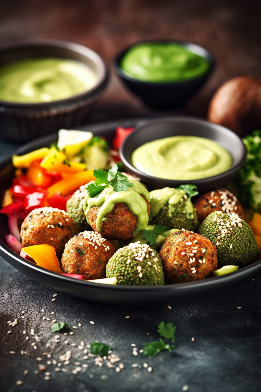 Vegane Quinoa-Bällchen mit Avocado-Dip und frischem Gemüse.