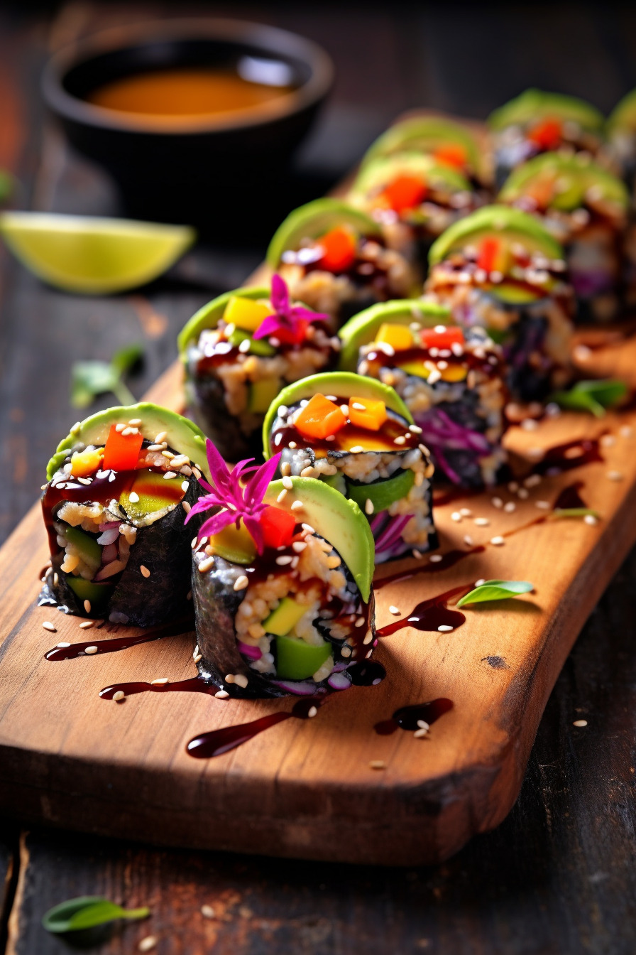 Vegane Quinoa-Sushi mit Gemüse und Avocado.