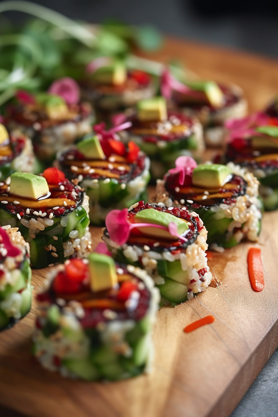 Vegane Quinoa-Sushi mit Gemüse und Avocado.