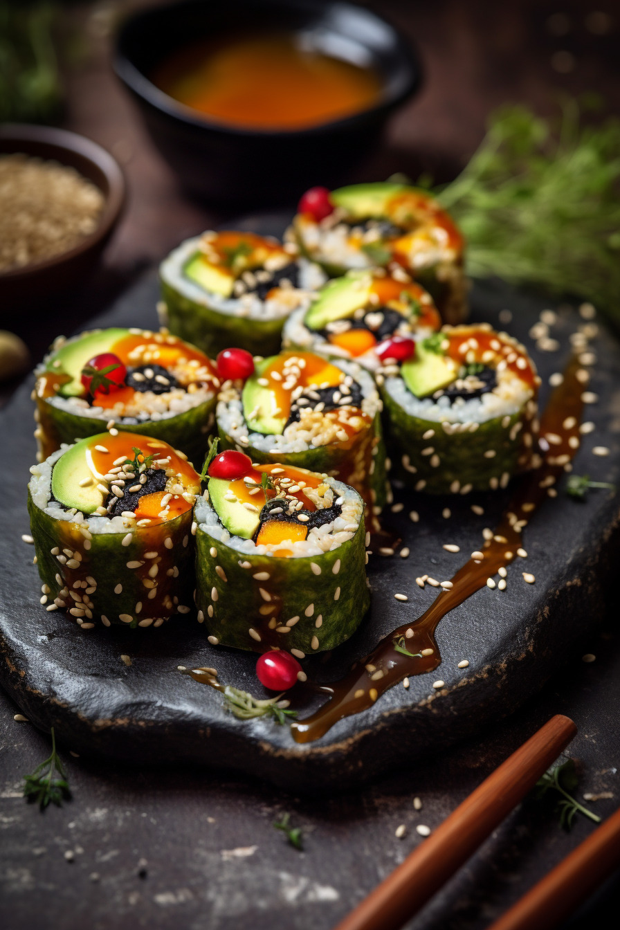 Vegane Quinoa-Sushi mit Gemüse und Avocado.