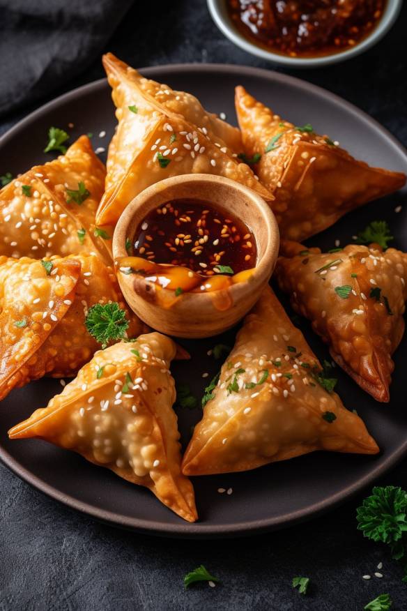 Vegane Samosas auf einem Teller angerichtet.