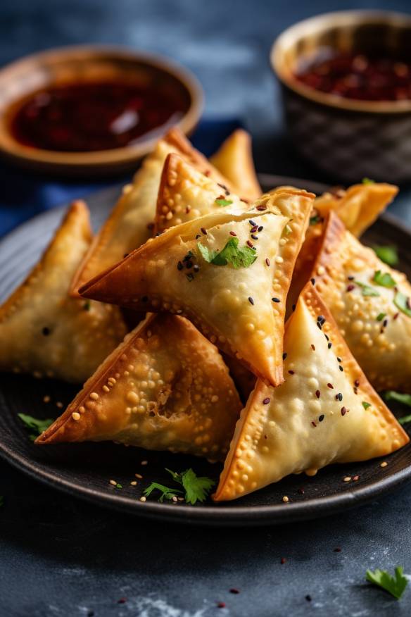 Vegane Samosas auf einem Teller angerichtet.