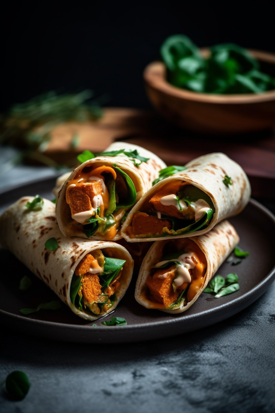 Vegane Süßkartoffel-Wraps auf einem Teller angerichtet.