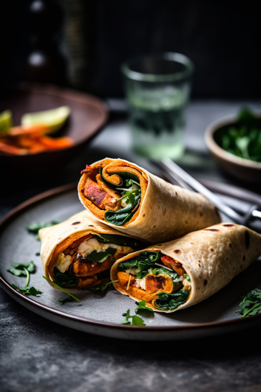 Vegane Süßkartoffel-Wraps auf einem Teller angerichtet.