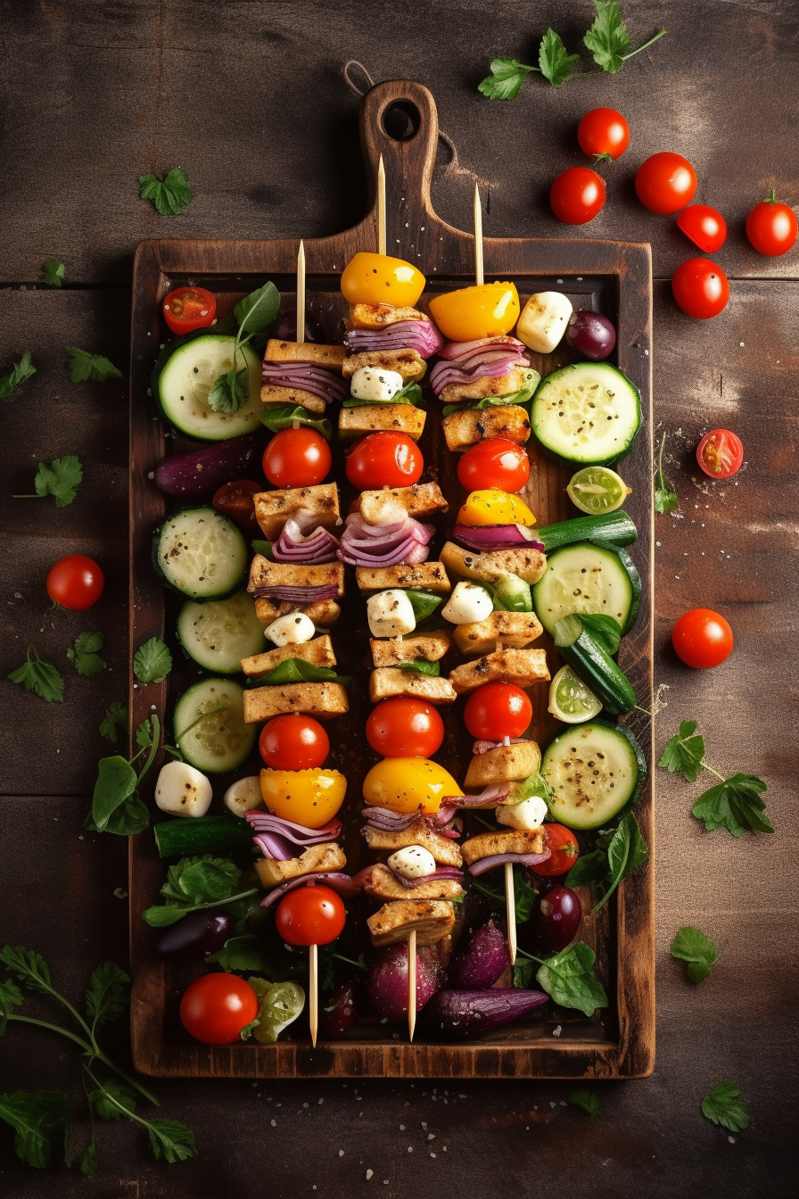 Vegane Gemüsespieße auf einem Holzbrett angerichtet.