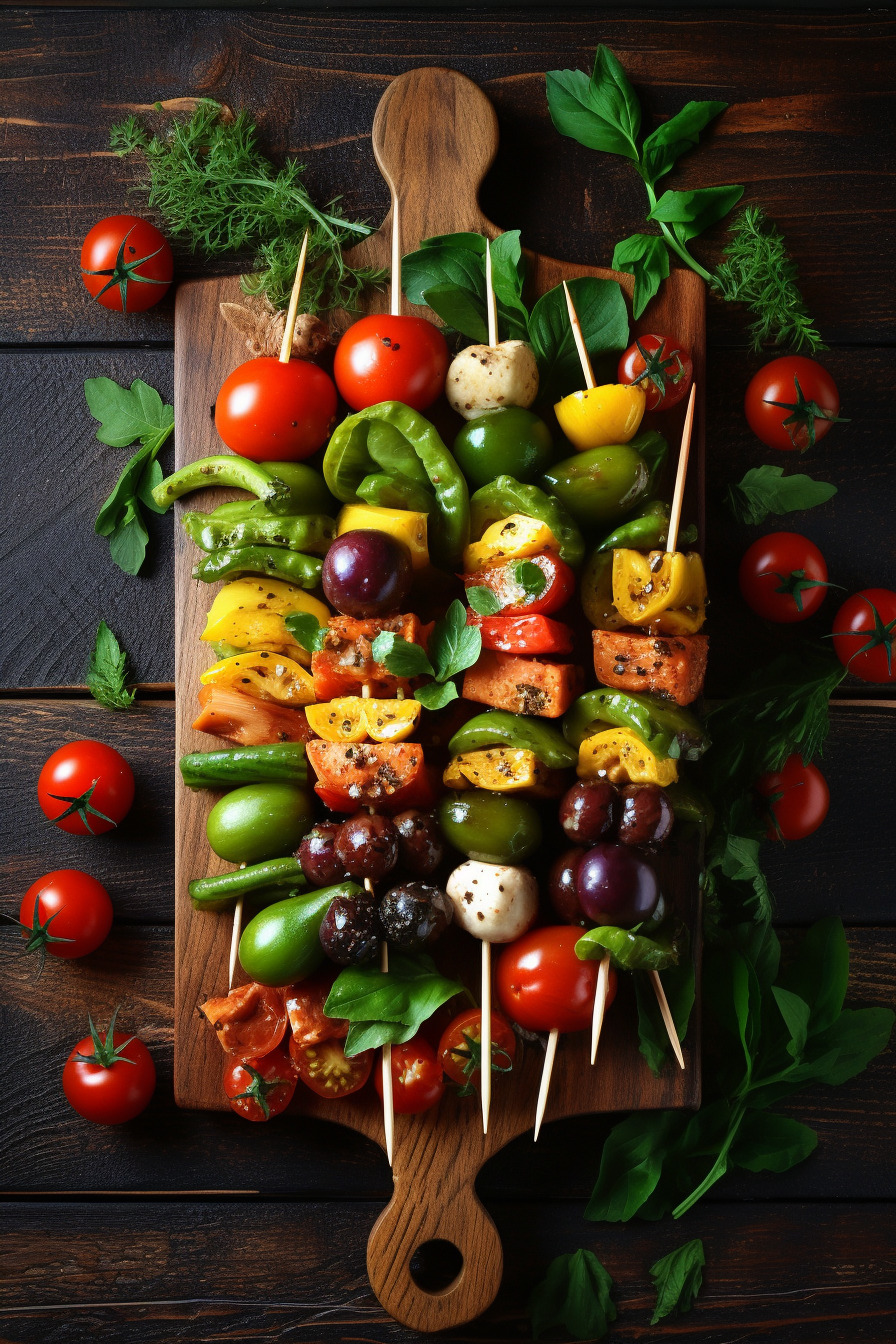 Vegane Gemüsespieße auf einem Holzbrett angerichtet.