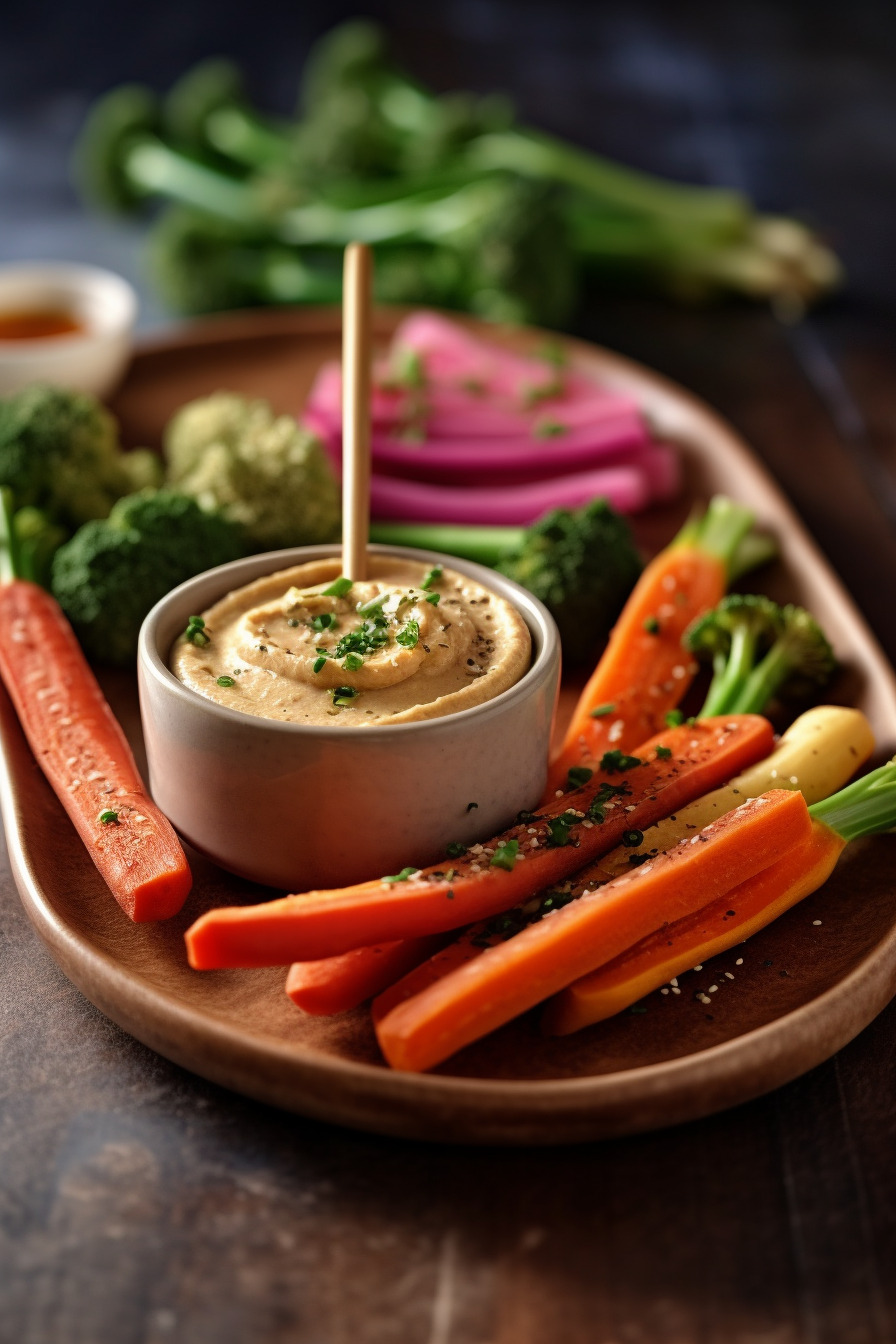 Vegane Gemüsesticks mit Hummus-Dip auf einem Teller angerichtet.