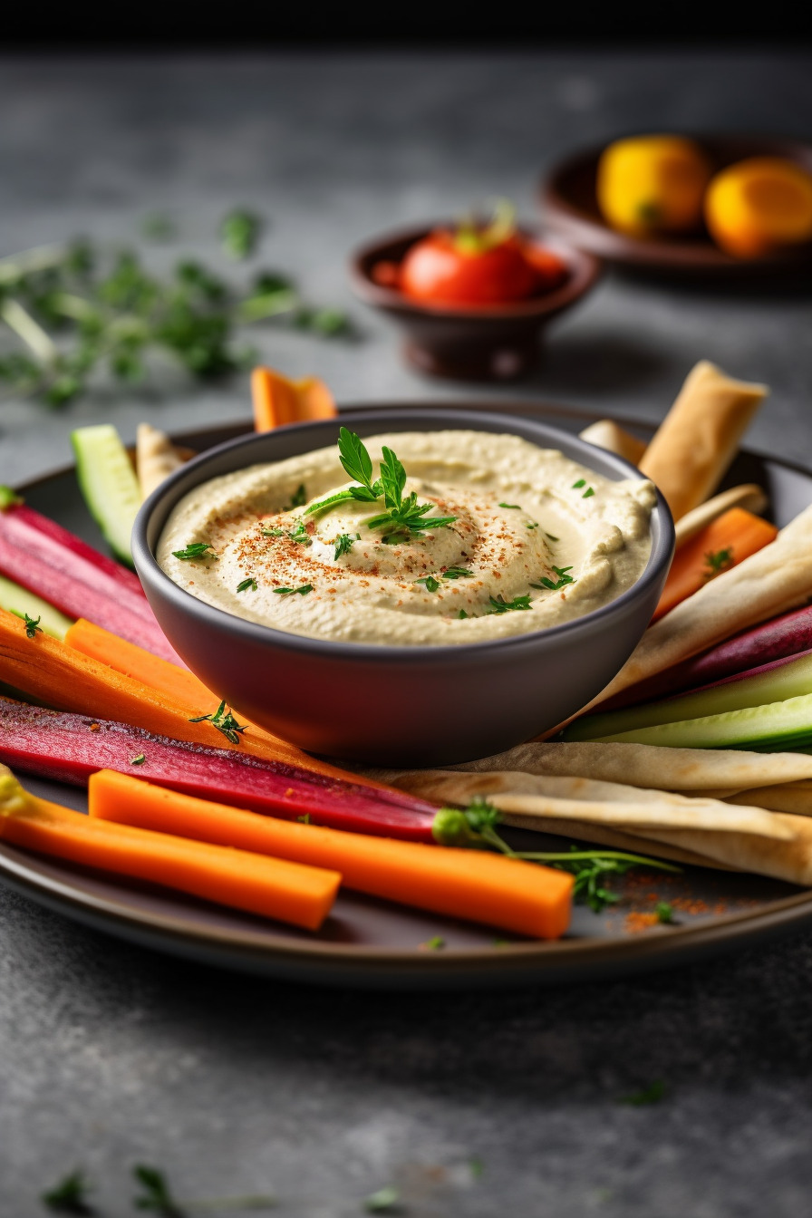 Vegane Gemüsesticks mit Hummus-Dip auf einem Teller angerichtet.