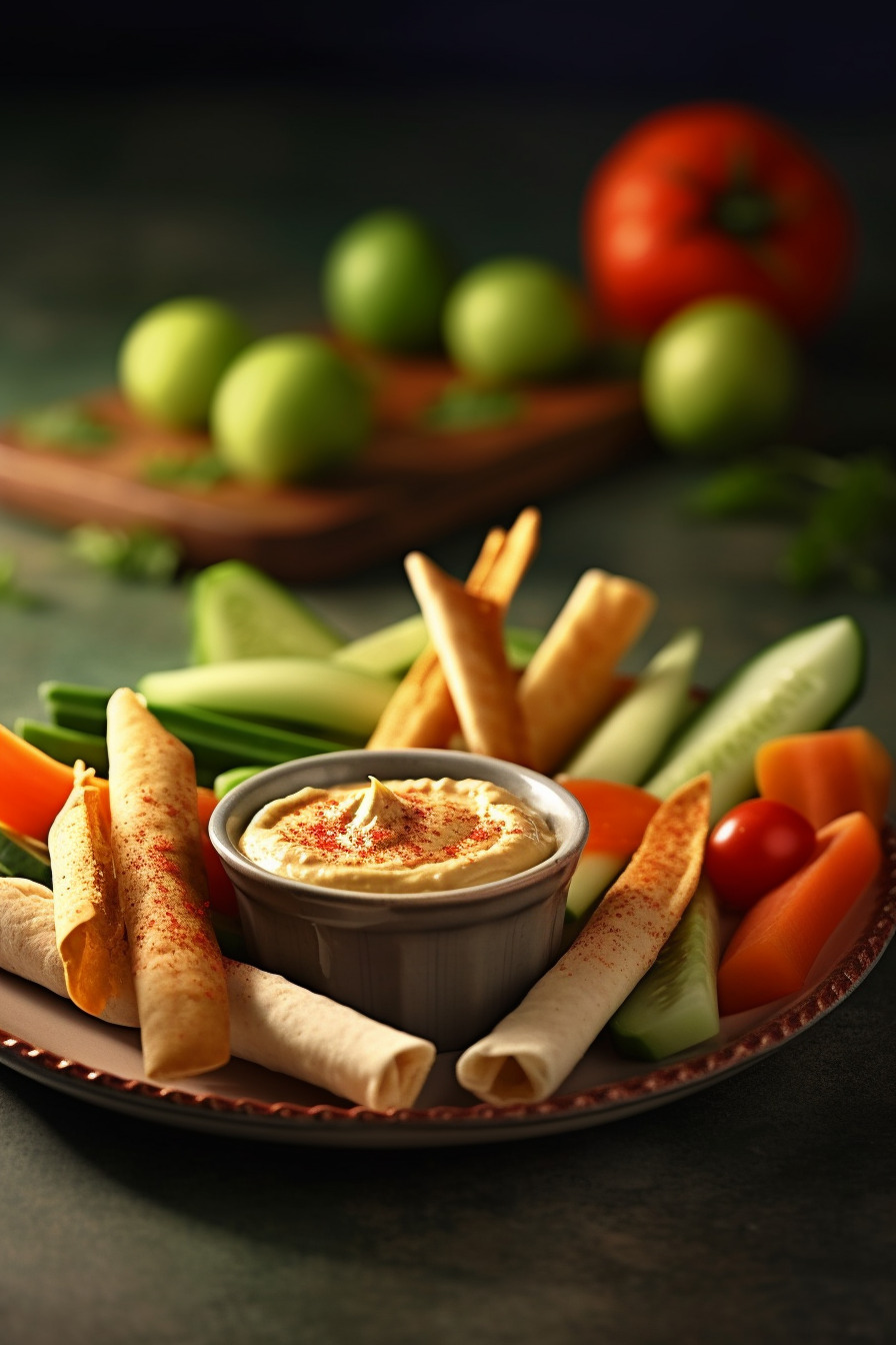 Vegane Gemüsesticks mit Hummus-Dip auf einem Teller angerichtet.