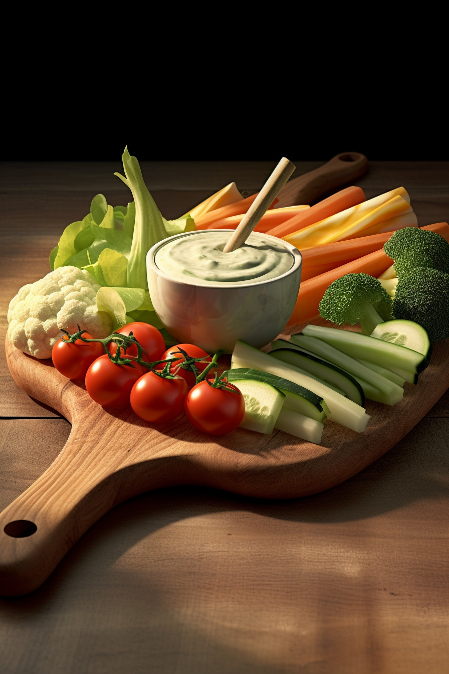 Knusprige Fingerfood-Cracker mit Dip auf einem Holzbrett angerichtet.