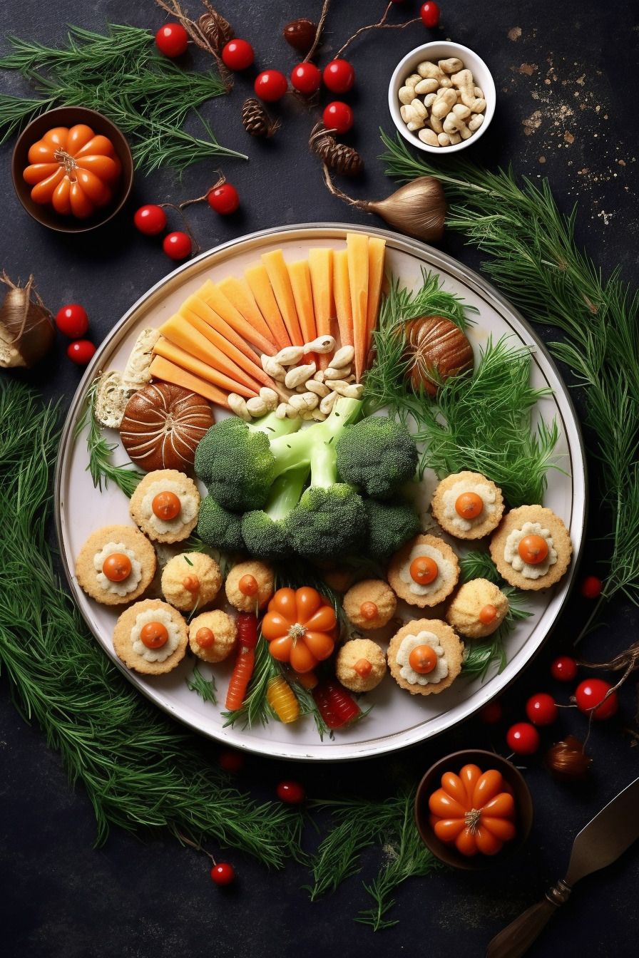 Vegetarische Silvester-Snacks auf einem Teller serviert.