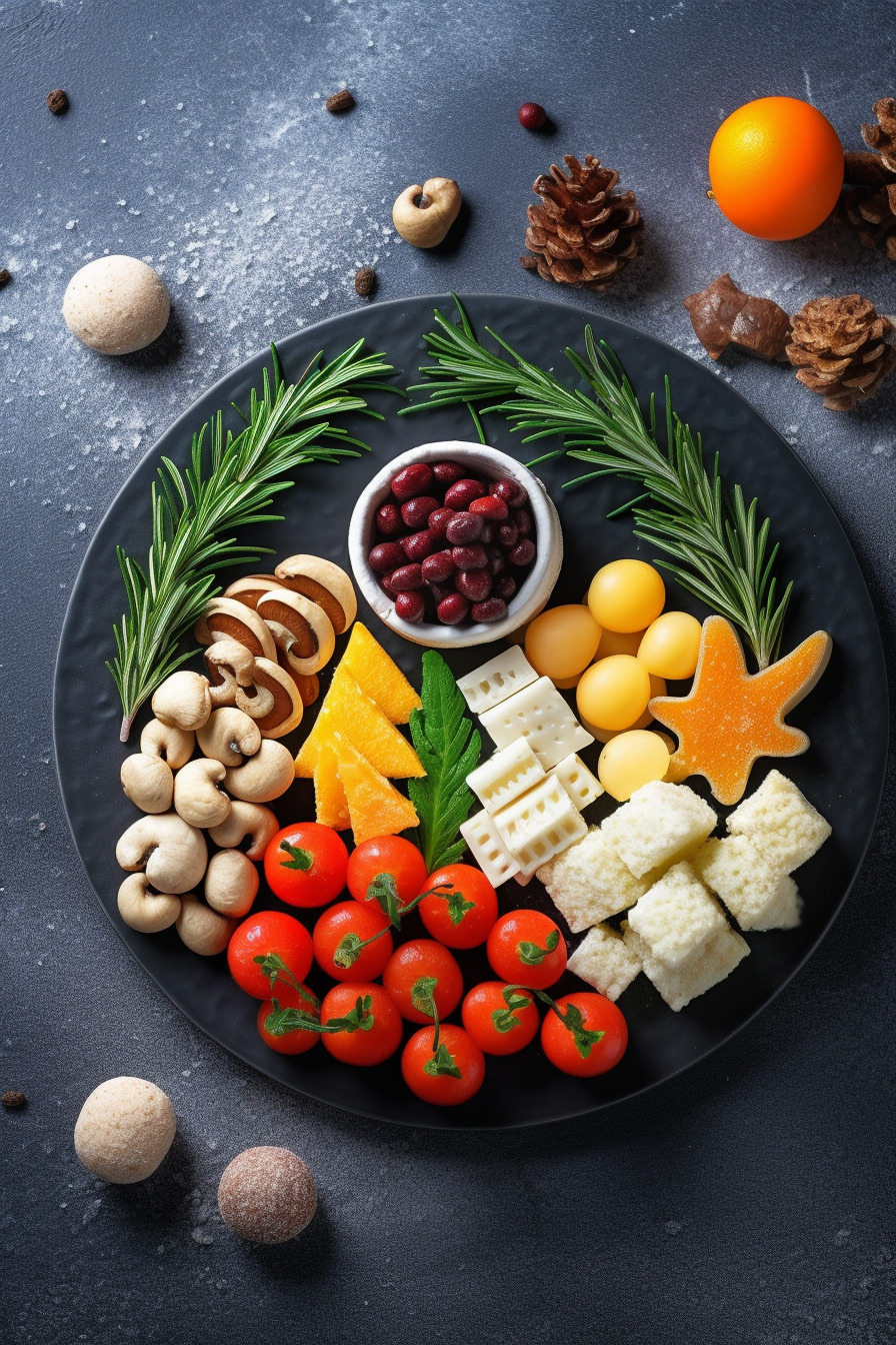 Vegetarische Silvester-Snacks auf einem Teller serviert.