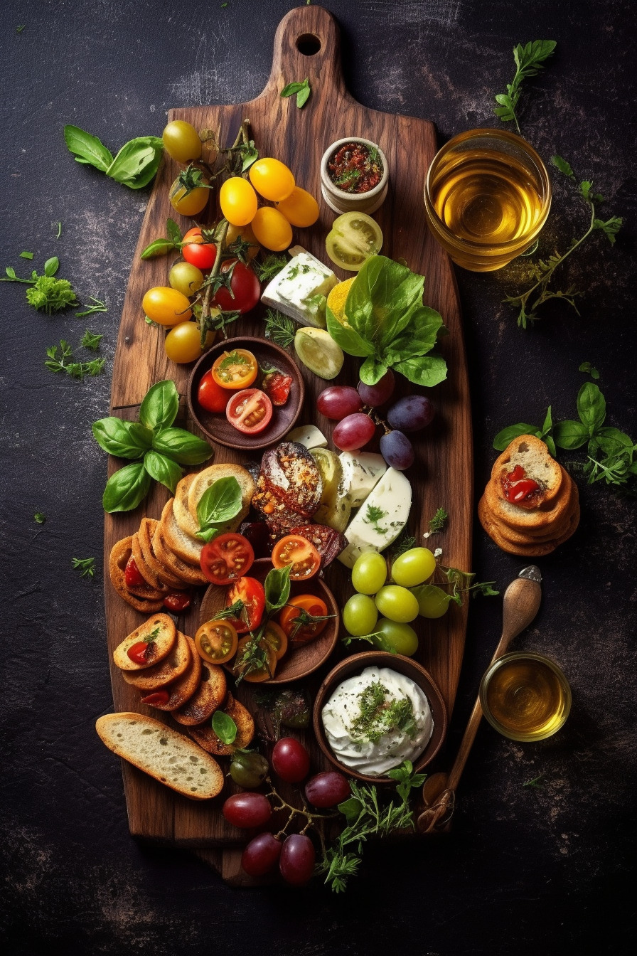 Vegetarische Häppchen auf einem Holzbrett serviert.