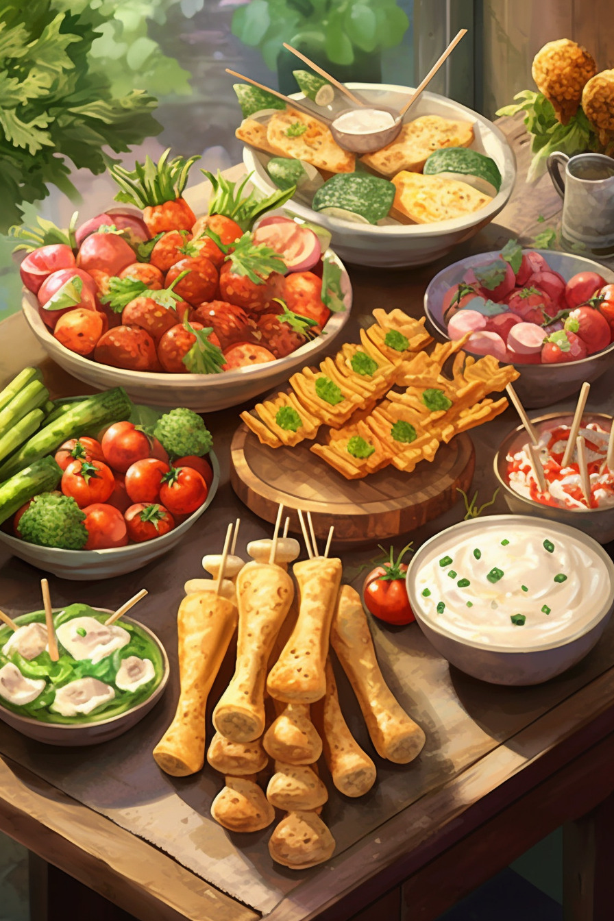 Vegetarisches Fingerfood-Buffet mit verschiedenen kalten Snacks.