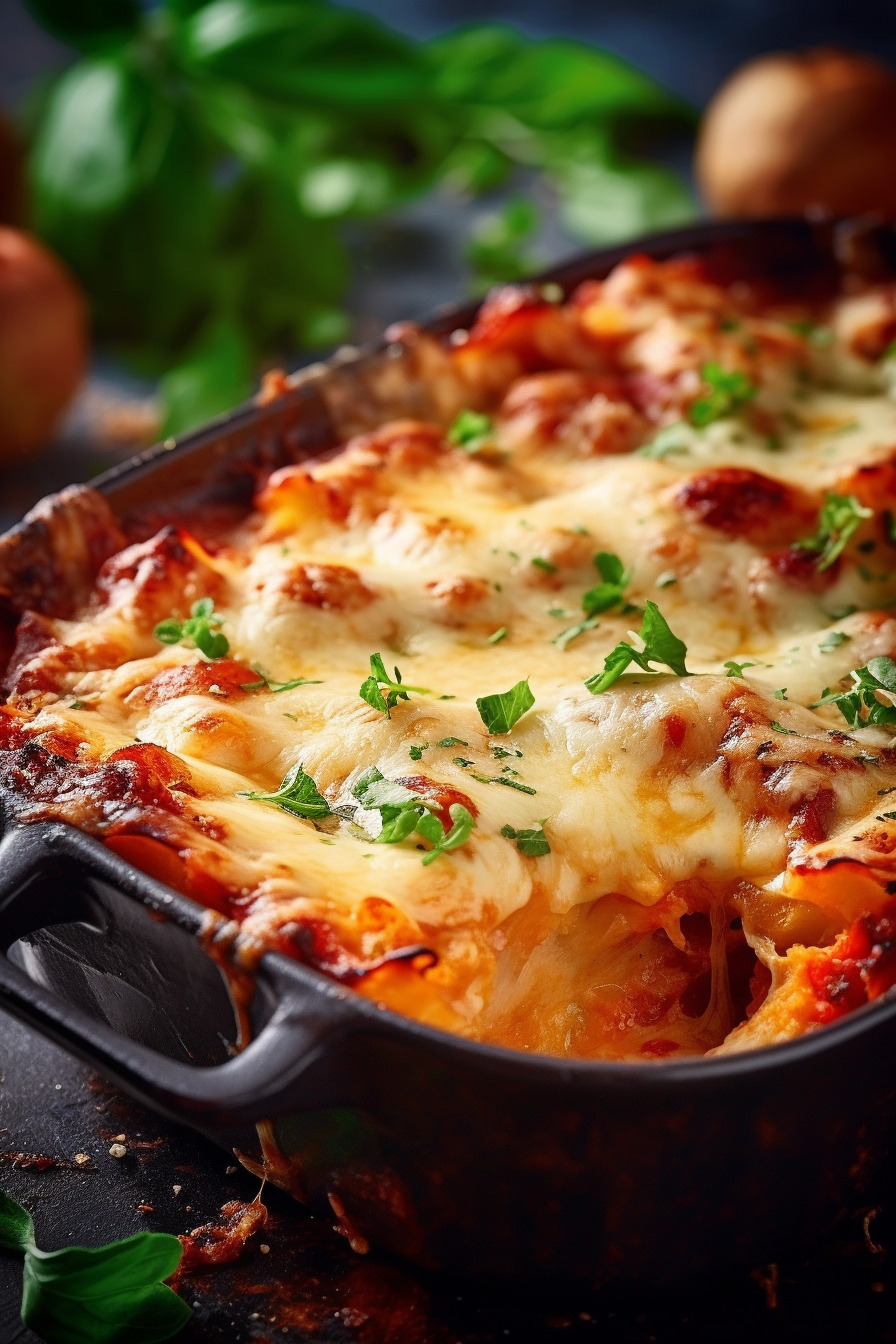 Vegetarische Lasagne in einer Auflaufform angerichtet.