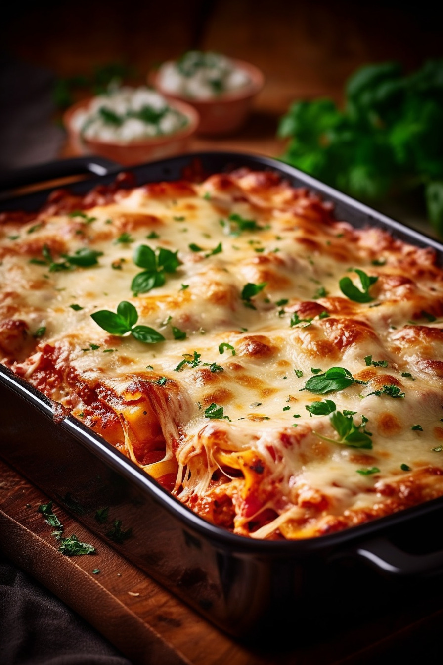 Vegetarische Lasagne in einer Auflaufform angerichtet.