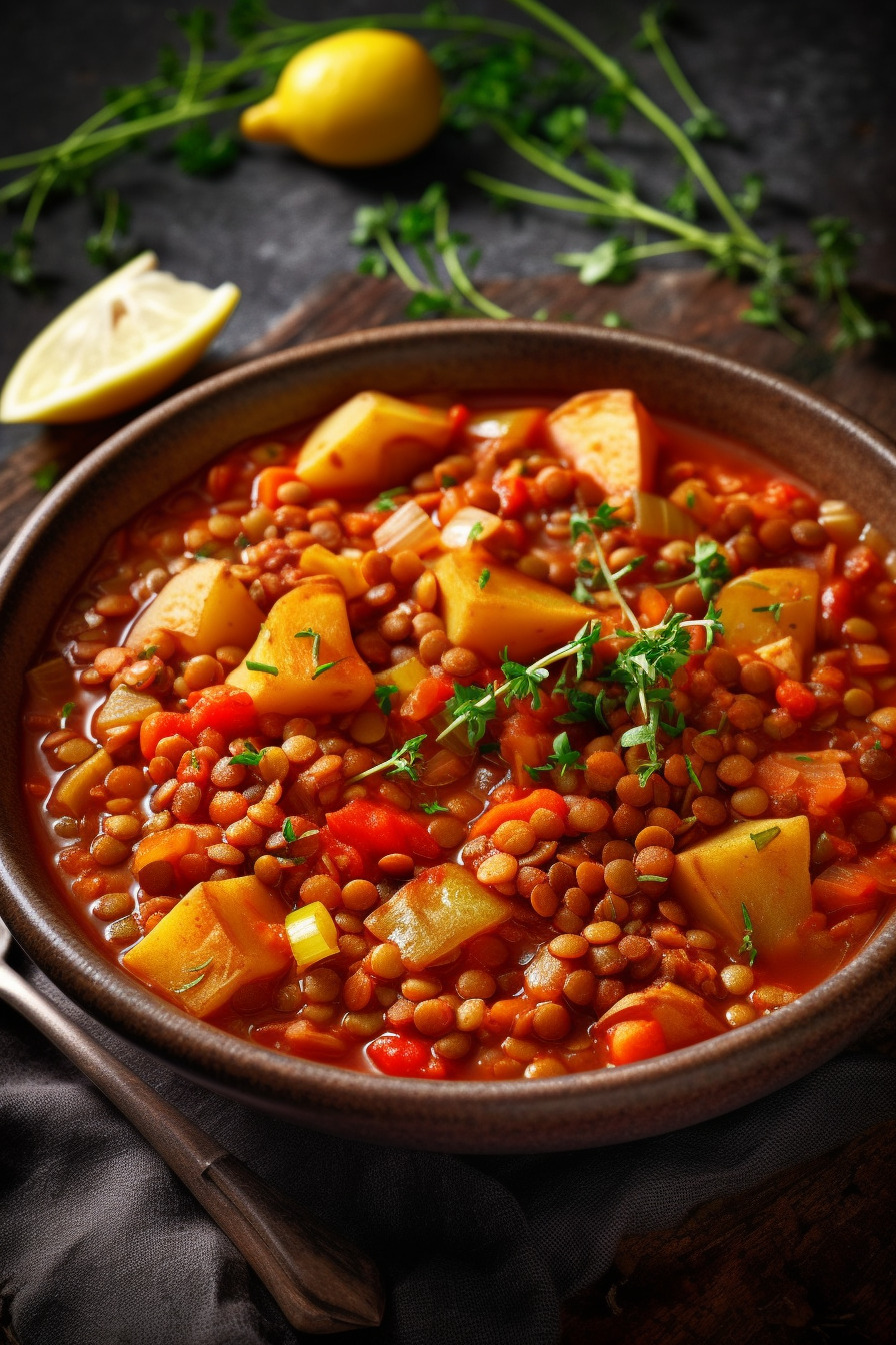 Vegetarischer Linseneintopf in der Schüssel.