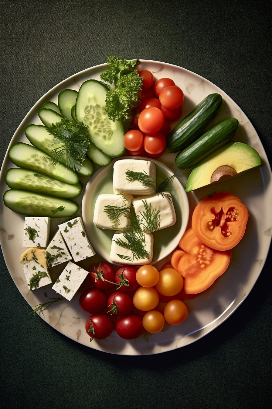 Vegetarische Partysnacks auf einem Teller angerichtet.